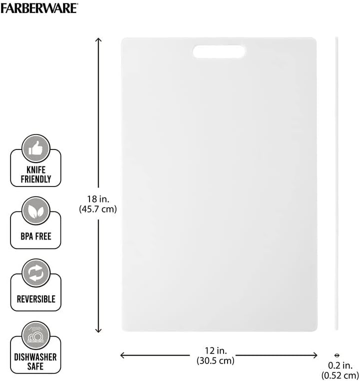 FARBERWARE Large Cutting Board, Dishwasher- Safe Plastic Chopping Board for Kitchen with Easy Grip Handle, 11in by 14in, White