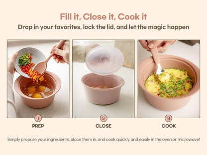 Microwave Silicone Steamer for Baby Food, Made In Korea, Oven & Dishwasher Safe to 482°F, Easy Clean, Microwave Pot with Handle & Lid, 100% Food Grade Steamer Bowl (Creme Brulee, 29oz (850ml) with basket)