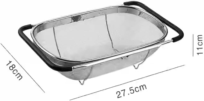 Expandable Strainer Over The Sink Basket, Stainless Steel Colander with Fine Mesh, 4-6Quart Strainer Basket with Rubber Grip Handle for Kitchen, Drain, Rinse Veegetables, Fruits (silver, 6QT)