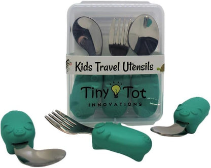 Kids Travel Utensil Set with Case. Include Fork, Universal Spoon, & Ergonomic Right Handed Spoon. Easy grip handles, 304 stainless utensils, feet to keep the utensils off surfaces.