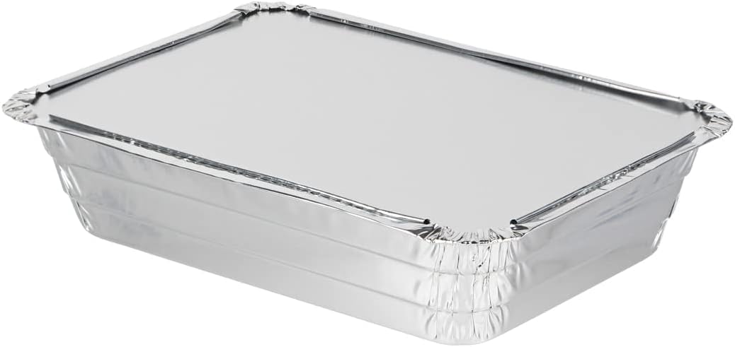 PARTY BARGAINS 4 lb Aluminum Pans with Board Lids, 50 Pack – 12 x 8 in Disposable Foil Roasting & Steam Table Pans for Catering, Takeout, Meal Prep, Oven Safe up to 240°C