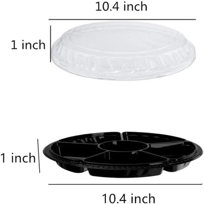 Black Plastic Appetizer Trays with Lids, Travel Round Disposable Compartment Serving Platters,6 Sectional Catering Trays for Vegetable Salad Food for Fruit Veggie Snack Food Containers (12 Pack)