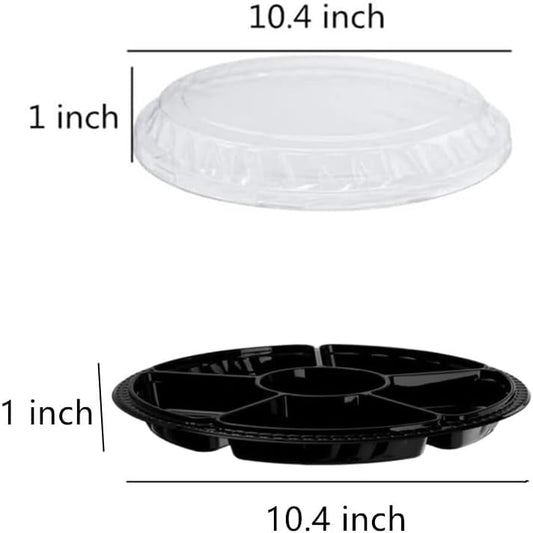 Black Plastic Appetizer Trays with Lids, Travel Round Disposable Compartment Serving Platters,6 Sectional Catering Trays for Vegetable Salad Food for Fruit Veggie Snack Food Containers (12 Pack)