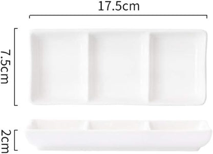 esowemsn 1PC Mini White Ceramic Rectangular 3 Compartment Appetizer Serving Tray Divided Spices Vinegar Nuts Snack Sauce Dishes for Home Kitchen Restaurant