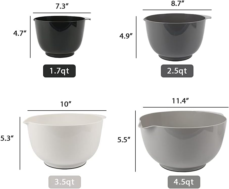 BoxedHome Nesting Plastic Mixing Bowl Set With Pour Spout, Microwave and Dishwasher Safe, BPA free Non-Slip Base, Set of 4 Size 1.7, 2.5, 3.5 and 4.5qt, Great for Prepping, Baking, Cooking (Dark Blue)