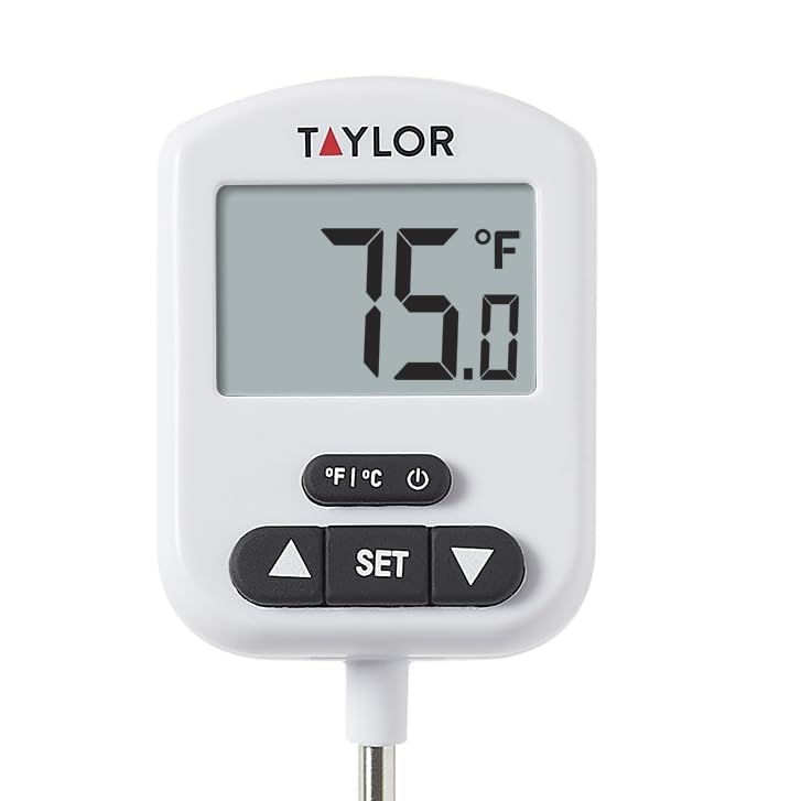 Taylor Programmable Digital Candy and Deep Fry Thermometer with Green Light Alert Display, Long Stem, and Adjustable Pan Clip, White