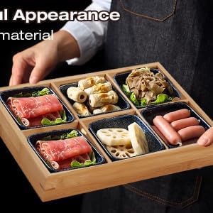 Divided Wooden Tray,Veggie Tray Serving Tray Divided Platter Wooden Food Server Multi Compartments Serving Tray for Hot Pot Restaurants Sushi Plate (6 Compartments)