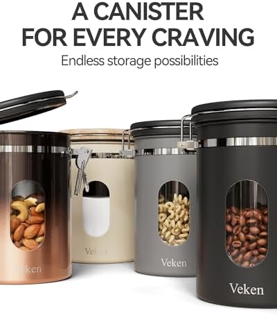 Veken Coffee Canister with Window, Family Choice Awards Winner, Airtight Stainless Steel Home Kitchen Food Storage Container with Lids for Grounds, Beans, Tea, Flour,Cereal,Sugar Jars,Scoop,16OZ,Black