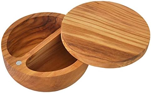 Med Olive Wood Salt Keeper with 2 Section Salt Cellar. Magnetic, Swivel Lid