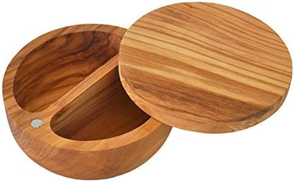 Med Olive Wood Salt Keeper with 2 Section Salt Cellar. Magnetic, Swivel Lid