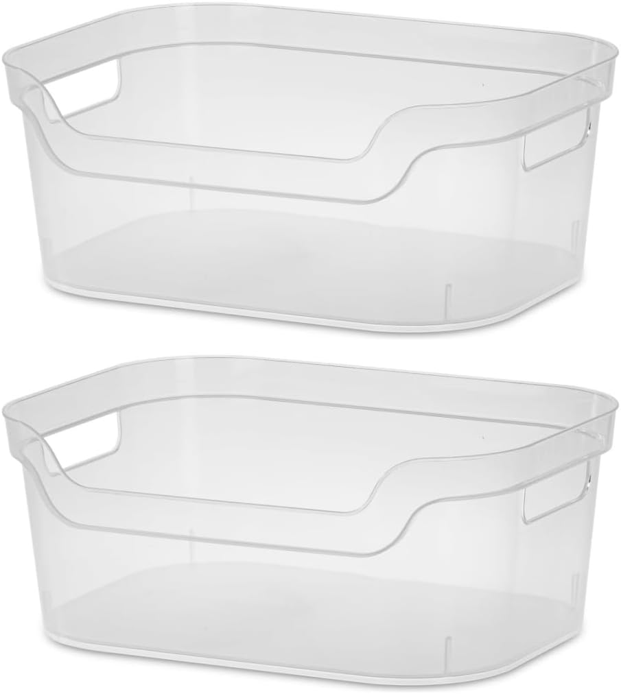 (2 pack) Medium Open Bin, Clear Plastic, Easy Access Bin with Scoop Front, Clear