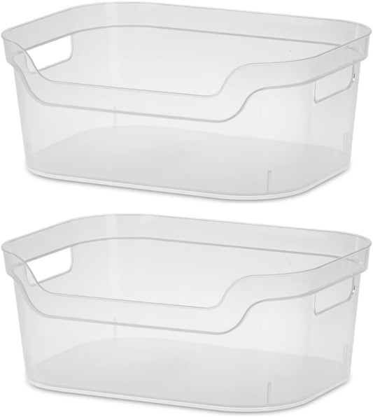 (2 pack) Medium Open Bin, Clear Plastic, Easy Access Bin with Scoop Front, Clear
