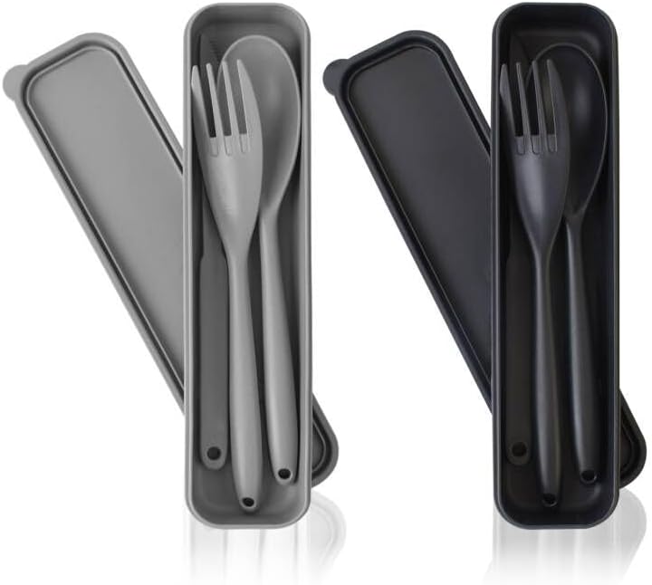 Large Reusable Utensils Set with Case, 2 Sets Portable Cutlery Set for Adults, Travel Fork Spoon Knife for Camping Work Picnic (Grey, Black)