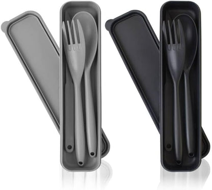 Large Reusable Utensils Set with Case, 2 Sets Portable Cutlery Set for Adults, Travel Fork Spoon Knife for Camping Work Picnic (Grey, Black)