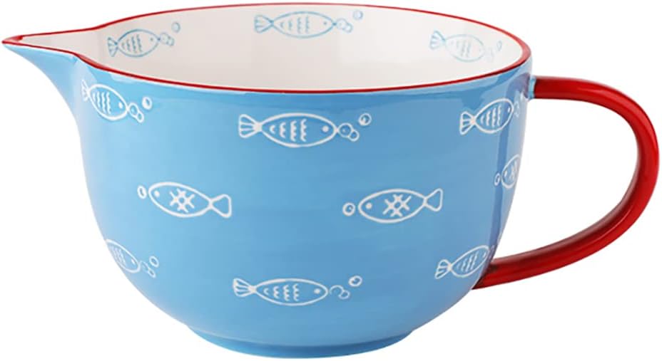 Gaolinci Cherry Blossom Pattern Kitchen Ceramic Mixing Bowl, 1 Quart Large Bowl, with Pouring Spout and Handle