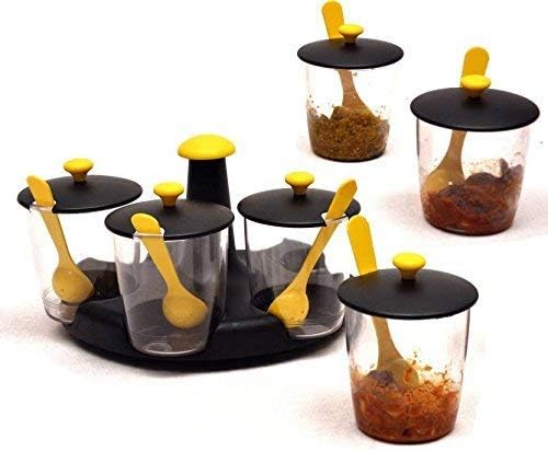 Multipurpose Pickle Jar for Dining Table Revolving Plastic Multi Purpose Achaar Pickle Container Chutney Tray Mukhvas Dining Spice Stand Masala Tray Transparent (Multi Color)