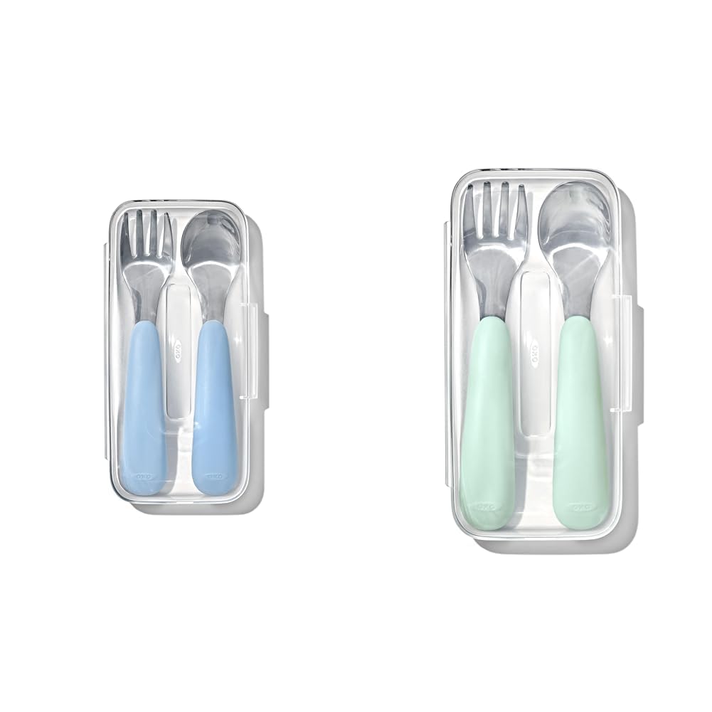 OXO Tot On-The-Go Fork and Spoon Set with Dusk and Opal Travel Cases, Stainless Steel Utensils