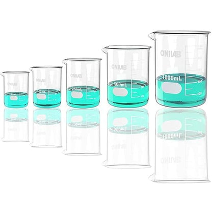 ONiLAB Glass Measuring Beaker Set 50ml 100ml 250ml (Pack of 3) 3.3 Boro Griffin Low Form with Printed Graduation Scientific Glassware for Laboratories, Classrooms or Home Use 13900244