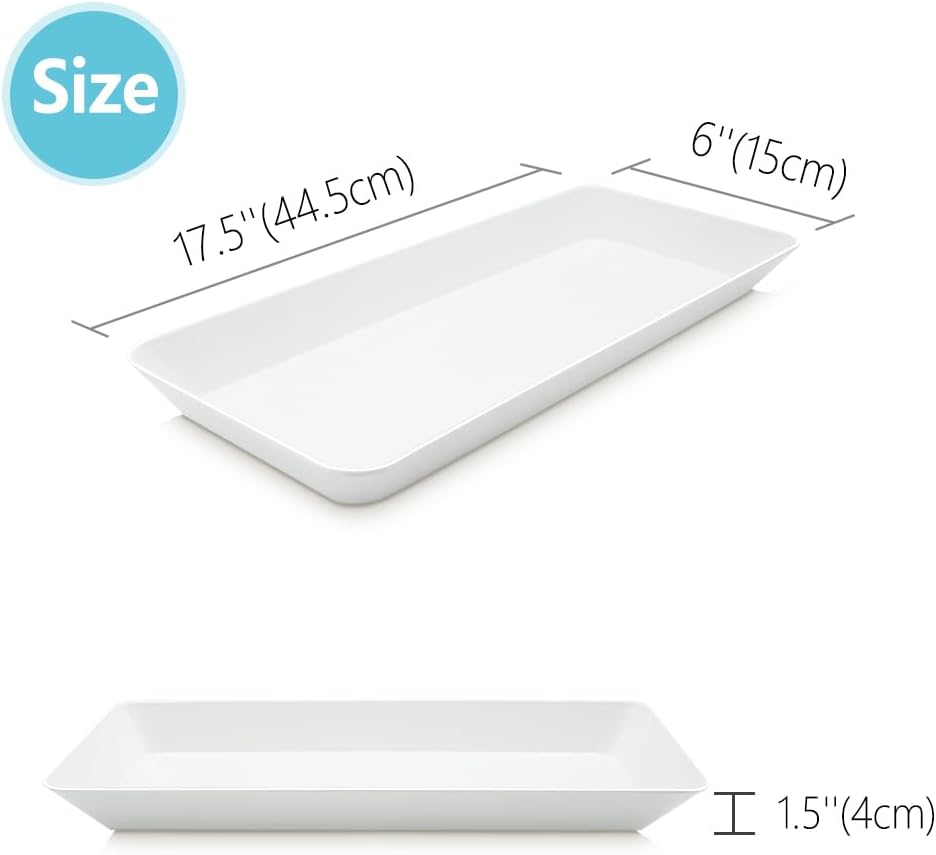 Serving Tray Platter Rectangle, 4 Pcs Long Narrow Food Tray for Veggie Fruit Snack Dessert, Plastic White Food Trays for Party Supplies Display, Rectangular Platters for Serving Food, BPA Free