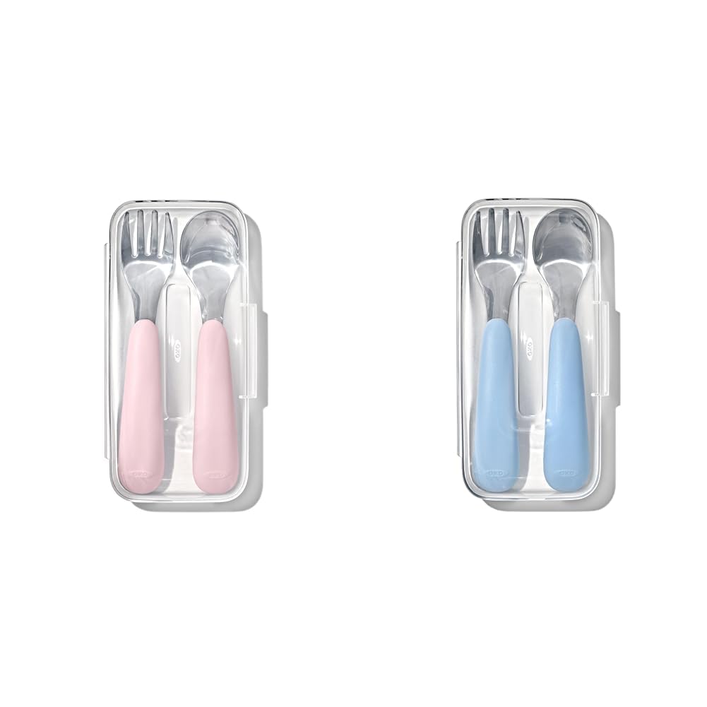 OXO Tot On-The-Go Fork and Spoon Set with Blossom and Dusk Travel Cases, Stainless Steel Utensils for Kids