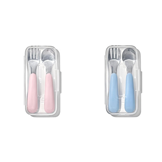OXO Tot On-The-Go Fork and Spoon Set with Blossom and Dusk Travel Cases, Stainless Steel Utensils for Kids