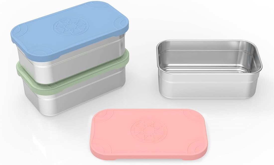 Caperci 25oz Stainless Steel Food Containers, 3-Pack Bento Lunch Box with Silicone Lids, Leak-Proof Reusable Meal Prep Container for Sandwiches & Snacks, BPA-Free (720ML)