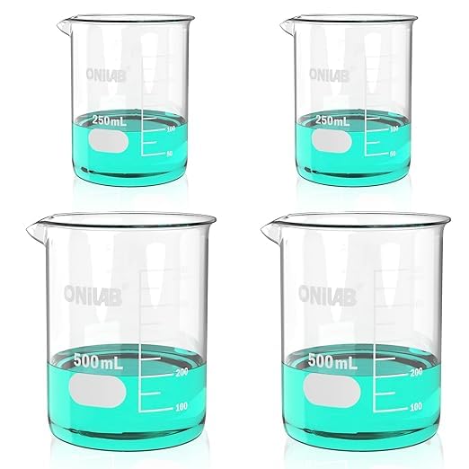 ONiLAB Glass Measuring Beaker Set 50ml 100ml 250ml (Pack of 3) 3.3 Boro Griffin Low Form with Printed Graduation Scientific Glassware for Laboratories, Classrooms or Home Use 13900244