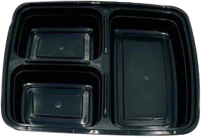 3-Compartment Food Containers with Clear Lids - Rectangular, 1.5“ depth, Black Microwavable Disposable Freezer - Safe BPA-Free Plastic Meal Storage, Combo Pack of 50 Sets - 33oz