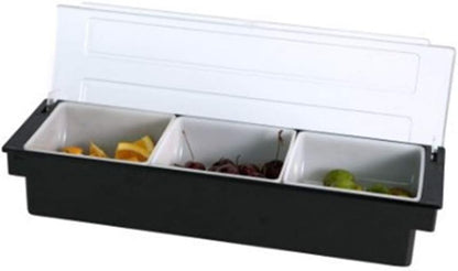 Fruit Veggie Condiment Caddy with Lid, 3 Compartment Plastic Dispenser Tray for Catering Dips Toppings, Serving Taco, Ice Cream, Fruit, & Salad Bar Garnish Organizer for Restaurant Supplies