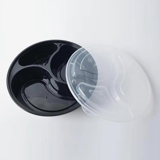 48oz - 3 Compartment - Disposable Black Meal Prep/Bento Box with Clear Dome Lids - Round Plastic Meal Containers - Reusable Box : Perfect For Salad, Meal Prep and Fruits : Set of 10
