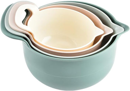 Mixing Bowls - 4 Piece Nesting Plastic Mixing Bowl Set with Pour Spouts and Handles - Non Slip Bottom and Measurement Markings (Light Gray)