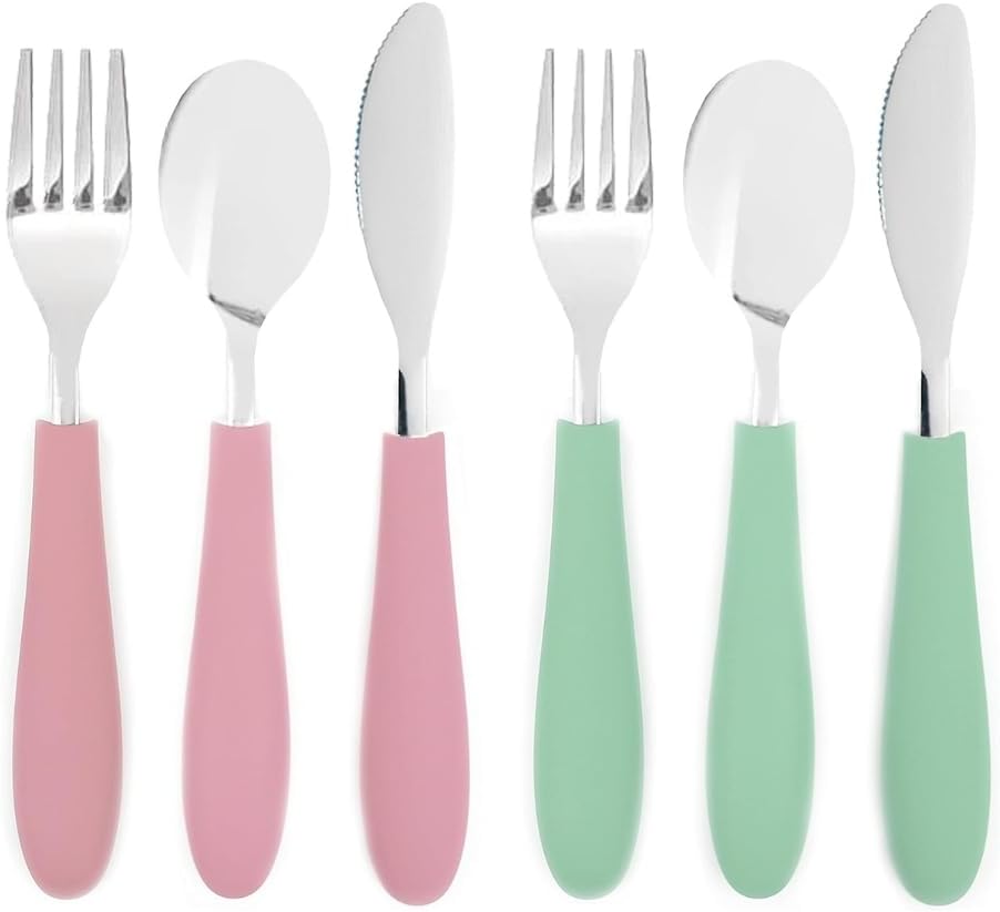 Elk and Friends Kids Silverware with Silicone Handle | Childrens Safe Flatware | Kids Utensils | Spoon + Fork + Knife set | 4 years+ | 6 Pieces