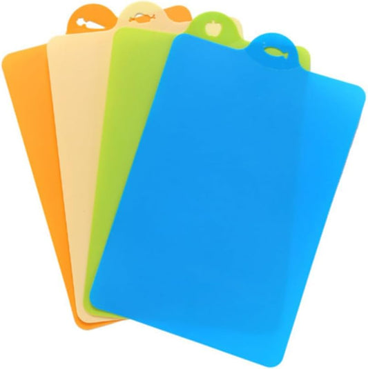 Unomor 4pcs Flexible Cutting Board Non-slip Textured Mats for Kitchen Prep Safe Material Includes Blue Green Beige Orange Easy to Hang and Store