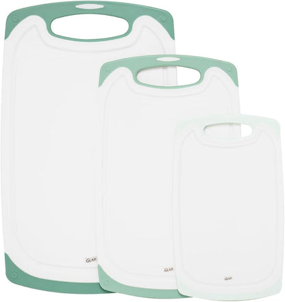 Glad Cutting Boards for Kitchen - 3pc Cutting Board Set with Juice Grooves and Non Slip Handles - Assorted Sizes for Meat, Vegetables, and Fruit - Non Porous, Dishwasher Safe, Grey