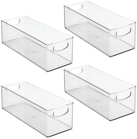mDesign Deep Plastic Kitchen Storage Organizer Container Bin for Pantry, Cabinet, Cupboard, Shelves, Fridge, or Freezer - Holds Dry Goods, Sauces, Condiments, Drinks, Ligne Collection, 4 Pack, Clear