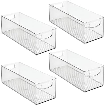 mDesign Deep Plastic Kitchen Storage Organizer Container Bin for Pantry, Cabinet, Cupboard, Shelves, Fridge, or Freezer - Holds Dry Goods, Sauces, Condiments, Drinks, Ligne Collection, 4 Pack, Clear