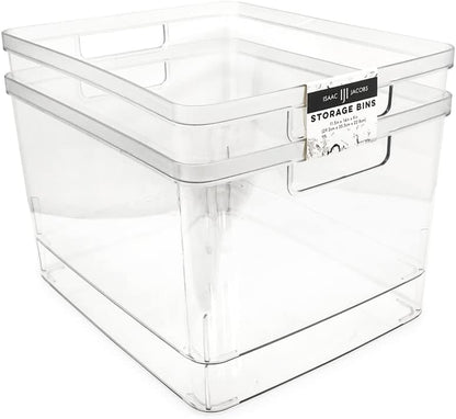Isaac Jacobs 2-Pack Square Clear Storage Bins (10” L x 10” W x 6.1” H) w/Cutout Handles, Plastic Organizer for Home, Office, Kitchen, Fridge/Freezer, Bathroom, BPA Free, Food Safe (2-Pack, Square)