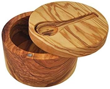Naturally Med Olive Wood Salt Cellar with Inset Spoon. Magnetic, swivel lid. Spoon is held by a magnet on lid. Salt cellar, salt pot, salt keeper. Natural Olive Wood.