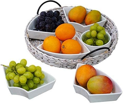 Ceramic Serving Tray, Food Tray 15.5 x 15.5 Inches,Divided Serving Platter with 6 Removable Dishes, Portable Handle Cattail Serving Bowls,Perfect for or Chips and Dip,Natural
