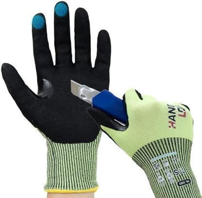HandLove Cut Resistant Gloves – ANSI A9 Cut Proof Safety Work Gloves | Sandy Nitrile Anti-Slip, Touchscreen, Durable, PFAS Free | Wood Carving, Gardening, Glass Cutting, Car Repair – Yellow,1Pair,M