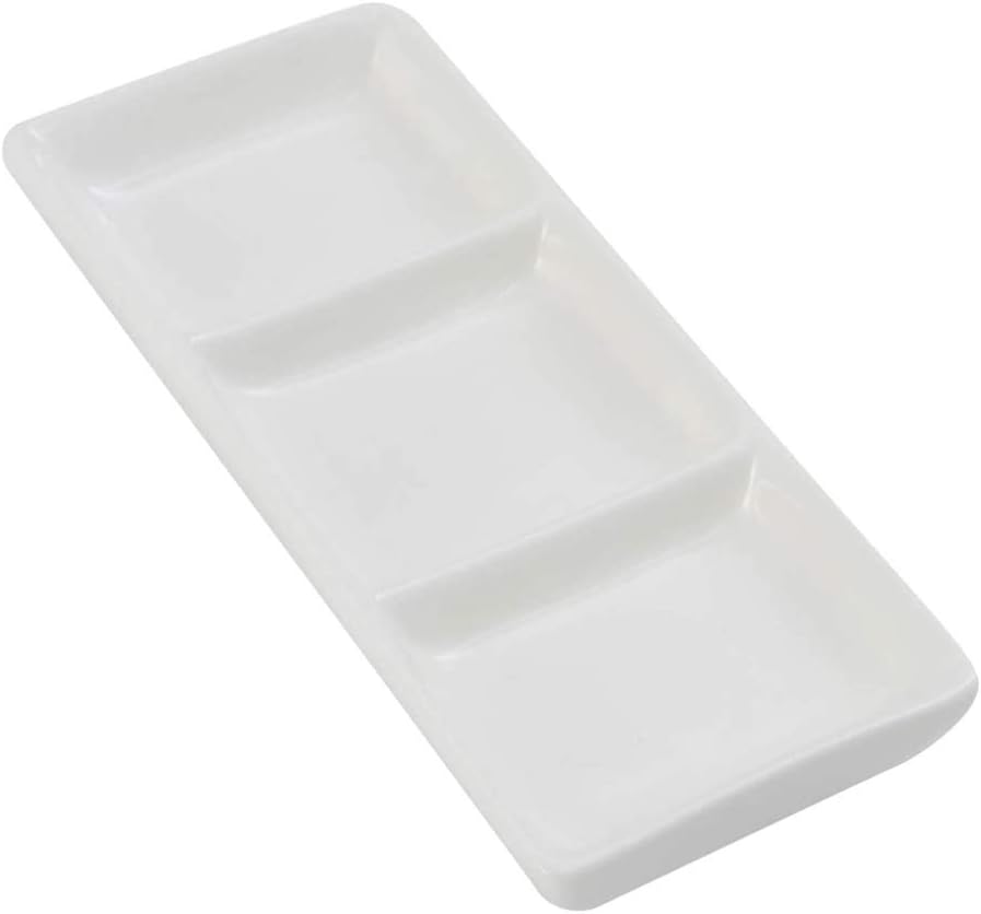 esowemsn 1PC Mini White Ceramic Rectangular 3 Compartment Appetizer Serving Tray Divided Spices Vinegar Nuts Snack Sauce Dishes for Home Kitchen Restaurant