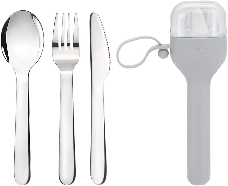 Sophico Travel Utensils Set for Camping and Kids Lunch Box, Stainless Steel Fork and Spoon, Knife Silverware Flatware Sets with Silicone Case - Portable & Leak-proof, Dishwasher Safe (Pink, 1 Set)