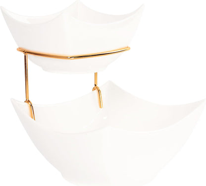 Tiered Serving Bowl Set, Square 2 Tier Chip and Dip Bowls with Stand, for Nuts, Salsas, Food Tray, Ceramic Appetizer Serving Display Stand for Parties, Entertaining