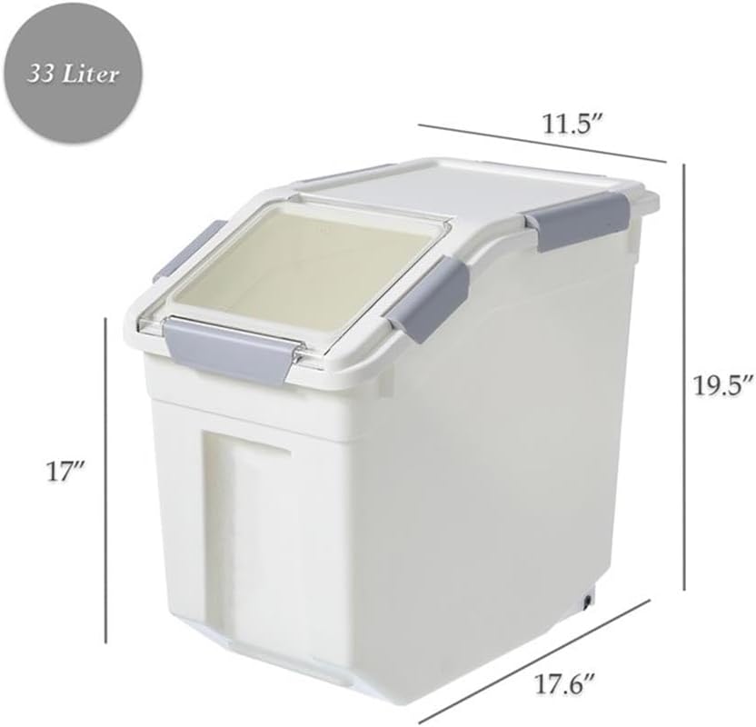 HANAMYA 32.5 Liter / 35 lbs Pet Food Storage Container with Measuring Cup, BPA free, For Dog Food | Cat Food | Rice | Grain | Flour, White & Gray, 1 count