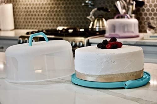 Top Shelf Elements Round Cake Carrier Two Sided Cake Holder Serves as Five Section Serving Tray, Portable Cake Stand Fits 10 inch Cake, Cake Box Comes With Handle, Cake Container Holds Pies (White)