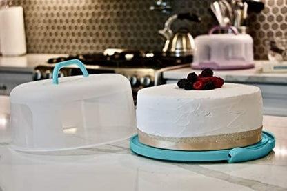 Top Shelf Elements Round Cake Carrier Two Sided Cake Holder Serves as Five Section Serving Tray, Portable Cake Stand Fits 10 inch Cake, Cake Box Comes With Handle, Cake Container Holds Pies (White)