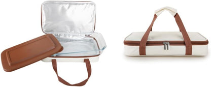 Glass Casserole with Insulated Carry Bag - 3 Quart Capacity, Microwave, Oven, and Freezer Safe, Includes Lid and Carry Bag. Overall Size 13.75"x 8.5"x 2" - Beige