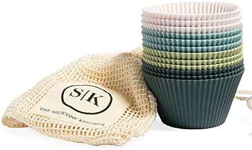 The Silicone Kitchen Reusable Mini Silicone Baking Cup, Non-Toxic, BPA Free, Dishwasher Safe, Mini, 24 Pack, White Blue Green