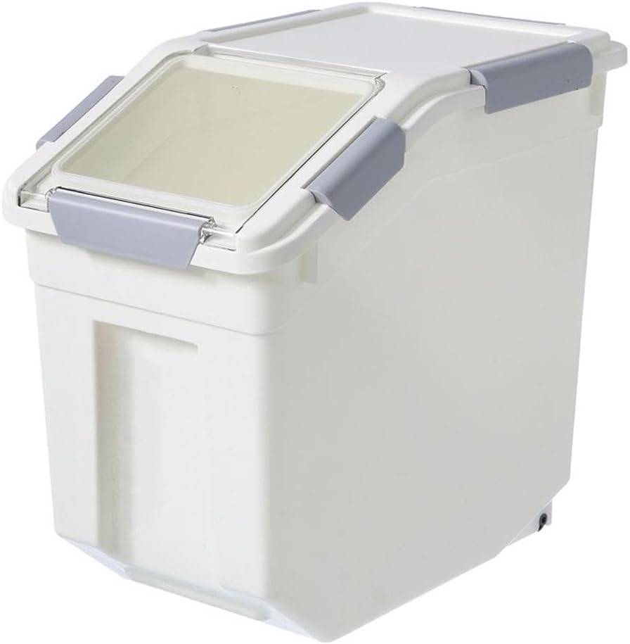 HANAMYA 32.5 Liter / 35 lbs Pet Food Storage Container with Measuring Cup, BPA free, For Dog Food | Cat Food | Rice | Grain | Flour, White & Gray, 1 count