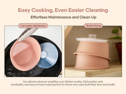 Microwave Silicone Steamer for Baby Food, Made In Korea, Oven & Dishwasher Safe to 482°F, Easy Clean, Microwave Pot with Handle & Lid, 100% Food Grade Steamer Bowl (Creme Brulee, 29oz (850ml) with basket)